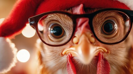 Chicken in festive holiday spirit wearing glasses and santa cap
