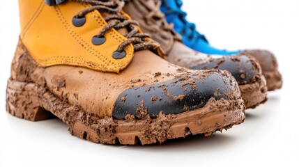 Mud-covered rubber boots waiting for adventure on a white backdrop