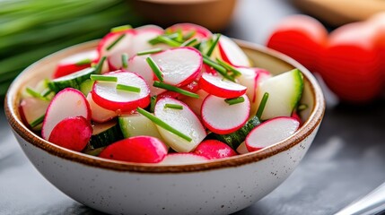 Fresh organic radish salad blends vibrant flavors with crisp chives