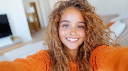 Happy woman with curly hair enjoys a joyful moment taking a selfie at home