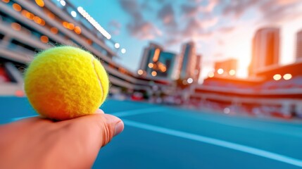Brightly lit outdoor stadium captures exciting tennis action at sunset