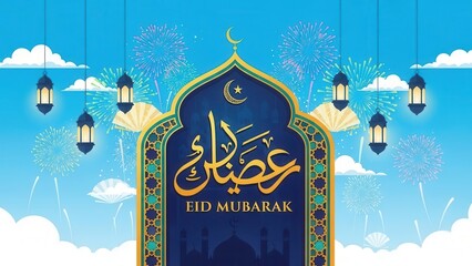 Eid Mubarak Celebration: A beautifully illustrated scene depicting an Eid Mubarak celebration, with ornate mosque architecture, decorative lanterns, and fireworks in the sky.