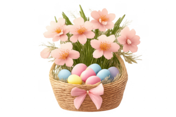 Easter basket with pastel eggs and spring flowers