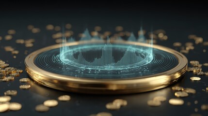 3D Visualization of Sound Waves Overlaid on Coin Background in Futuristic Style with Abstract Data Representation