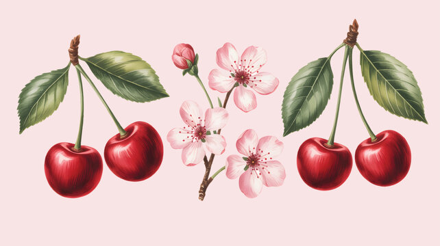 Watercolor set of red cherries and soft pink blossoms on white background.
