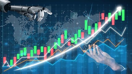 A robotic hand interacts with financial data, showcasing stock market trends and digital analytics, highlighting the integration of technology in trading and investment. Copula