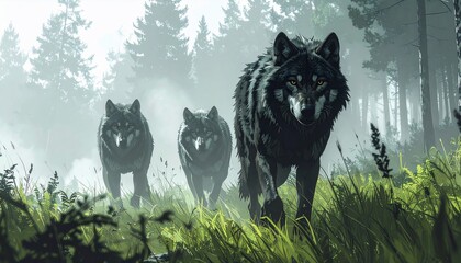 Three dark wolves stalk forward in a misty forest scene, grass in foreground, trees behind