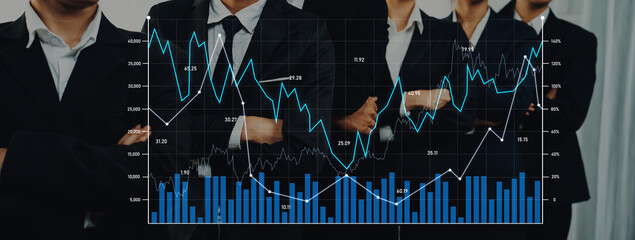 Confident business professionals stand together in modern office setting, with stock market graphic overlay showcasing financial trends and performance analytics. Scalp
