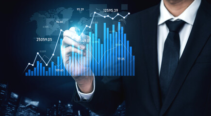 A business professional in a suit analyzes financial graphs and charts using a digital interface, showcasing modern analytics in a corporate night setting. Scalp