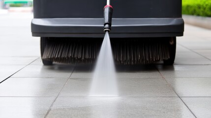 A black and red pressure washer cleaning a sidewalk.