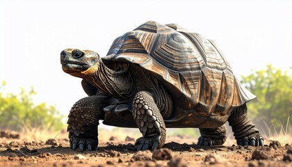 A large tortoise, shell textured, walks forward in a sunny outdoor environment