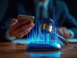 Digitally enhanced gavel and smartphone representing legal tech and justice