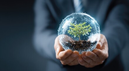 Fototapeta premium Hands holding a glowing orb with a tree inside concept for environment
