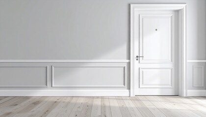 Interior with grey walls, white door, molding and wood floor. Sunlight casts shadow