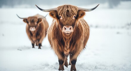 Highland Cows in Snow — Red Highland Cattle Close-Up in Winter Landscape, Shaggy Long-Haired Cow with Horns, Rustic Farm Animal Portrait, Nature and Agriculture Stock Photo