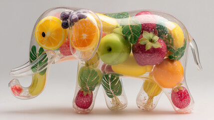Balloon elephant made of clear latex, vibrant tropical fruits floating inside its body