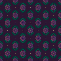 Modern geometric floral pattern with stylized folk flowers and abstract botanical shapes. Seamless repeating design in deep purple with green and plum tones 