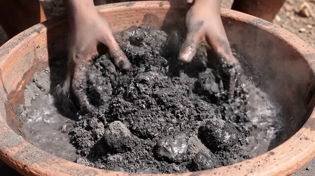 Mixing Palm Kernel Ashes and Water in Clay Bowl for Soap Production Vertical Pan Close Up Bright Daylight
