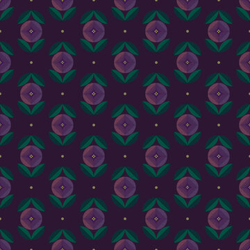 Modern geometric floral pattern with stylized folk flowers and abstract botanical shapes. Seamless repeating design in deep purple with green and plum tones 