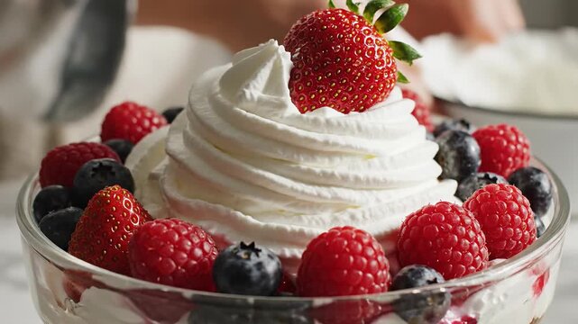 Delectable Layered Dessert with Fresh Berries, Cream, and Culinary Sweet Creation