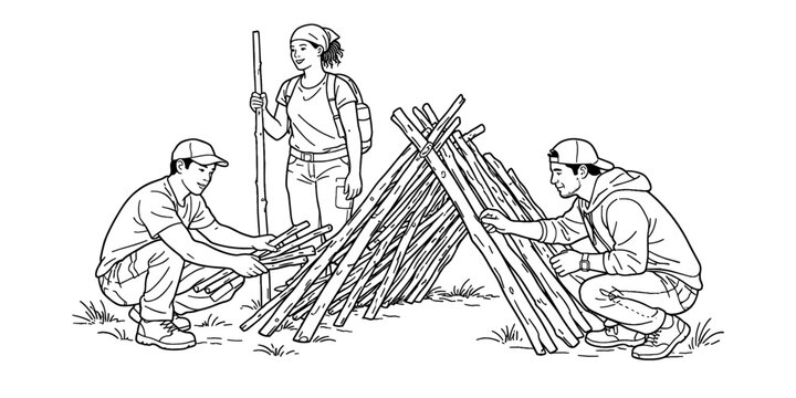 Illustration of three people building a lean-to shelter with wooden sticks. Outdoor survival, teamwork, and bushcraft skills concept. Vector illustration.