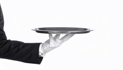 A gloved hand in a suit holds a silver serving tray, isolated on a white backdrop