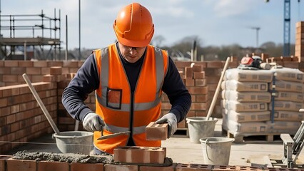 Bricklayer in orange hi-viz laying brick on building site