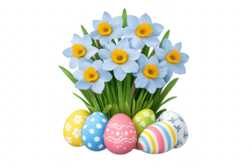 Easter eggs and blue daffodils blooming on transparent background