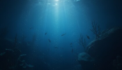 Underwater scene with light rays, fish, coral, and rocks in deep blue ocean