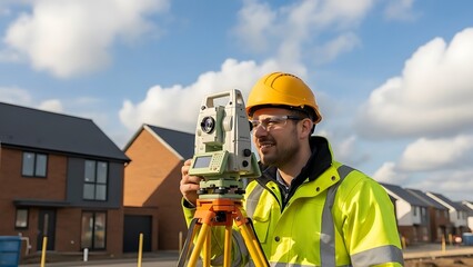 Happy Site engineer in hi-viz working on house building construction site using modern surveying equipment against new houses nad blue cloudy sky background