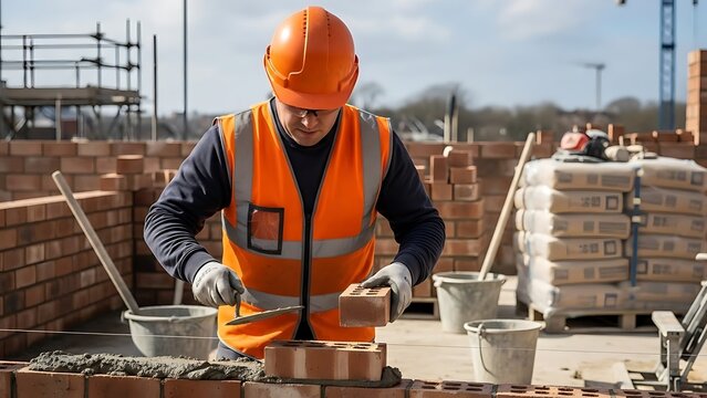 Bricklayer in orange hi-viz laying brick on building site