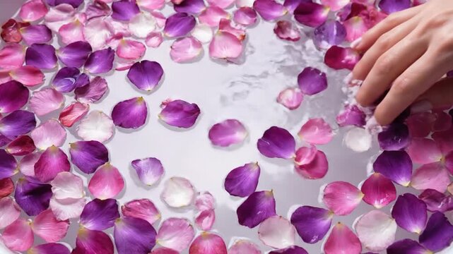 Overhead View of Floating Pink and Purple Rose Petals in Water in Spa for Aromatherapy Treatment in Gentle Lighting for