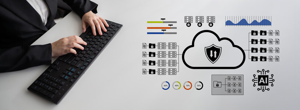 A business professional interacts with a keyboard in a modern workspace, featuring illustrations related to cybersecurity and cloud computing, showcasing technology integration. Gantry - Powered by Adobe