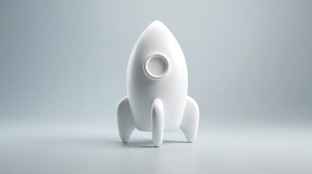 3D monochrome white rocket icon with smooth matte finish, minimalist startup and space exploration concept on gray background
