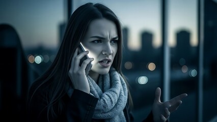 Portrait of a young woman talking in anger on her mobile to her boyfriend about ending their relationship toned image