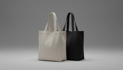Two tote bags, one black and one beige, standing side-by-side on a smooth grey surface