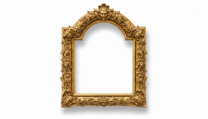 Ornate, golden, empty picture frame isolated on white backdrop