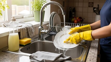 Person wearing yellow gloves washing dishes in a kitchen sink with water flowing, surrounded by household items in bright daylight