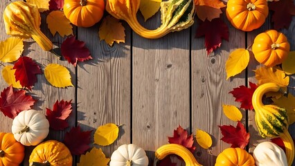 autumn wooden background with leaves, pumpkins Space for text