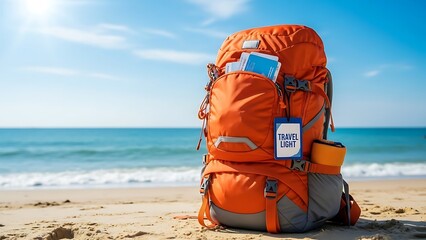 Orange rucksack on the seaside against the sea in fantastic weather. Travel insurance concept. Travel light