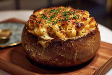 Baked mac and cheese with golden crust realistic cozy cheesy pasta meal plated
