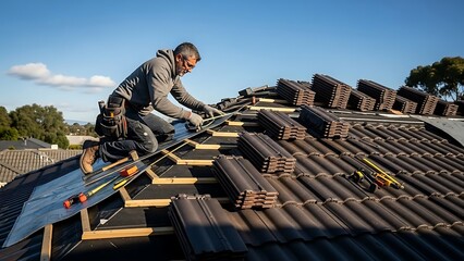 Skilled Craftsman Installs High-Quality Roofing Tiles Under Clear Blue Skies