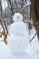 Fototapeta premium White three-ball snowman with brown antler branches on head, orange carrot nose, dark stone eyes. Background snow-covered bare brown trees, ground, soft overcast light, brown leaf branches nearby.