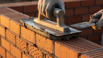 Jointer trowel used by the builder on a brick wall to apply and level the mortar between bricks. Bricklayer making finishing touches to the brick wall and filling joints with mortar