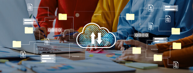 A dynamic team engages in a collaborative workspace, leveraging cloud technology for efficient data sharing and project management to enhance productivity. Gantry