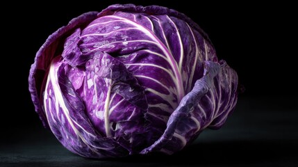 Fototapeta premium A whole purple cabbage is placed on a dark surface with soft lighting highlighting its texture and color. The setting suggests a kitchen space possibly for meal preparation.