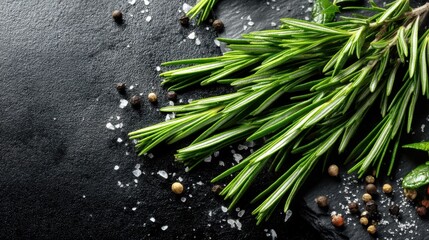 Fresh rosemary sprigs are placed on a dark surface with different spices and salt scattered around. This scene shows ingredients used for cooking and flavoring meals.