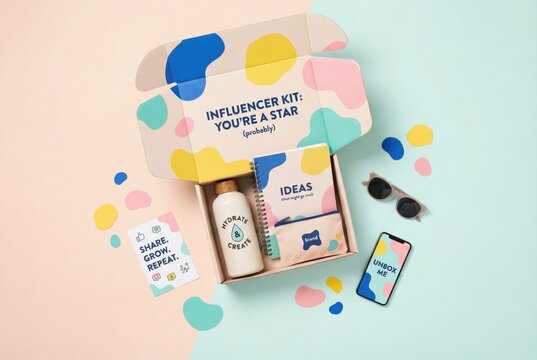 Delightful influencer kit presented with playful design elements and vibrant colors providing essential tools for content creation and brand engagement in a creative lifestyle context