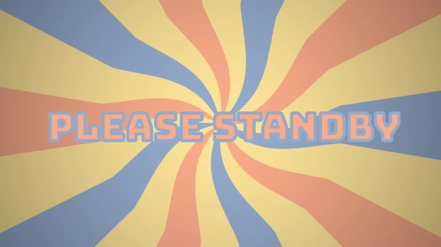 Classic spiral radial please standby screen animation with vintage swirl background in soft yellow, blue, and orange tones, 4k video