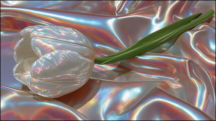 White tulip with green stem on iridescent fabric background